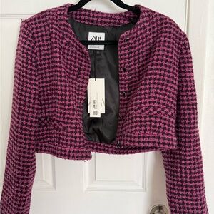 Zara Women's Pink Houndstooth Tweed Blazer